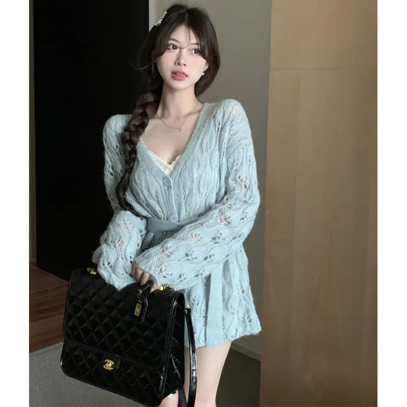 

plus Size Women's Knitted V-Ne Open Cardigan Sweater Hollow out Crochet Loose Comfortable Top Outerwear Trendy Autumn Wear