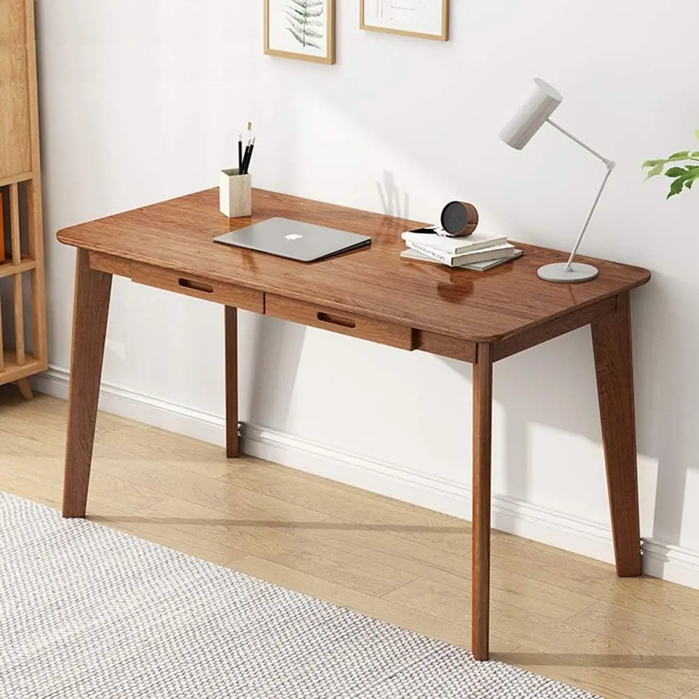 Solid Wood Writing Desk - Home Office Laptop Computer Table, Walnut | Nordic Minimalist Style, MDF Tabletop, Solid Wood Legs, Do