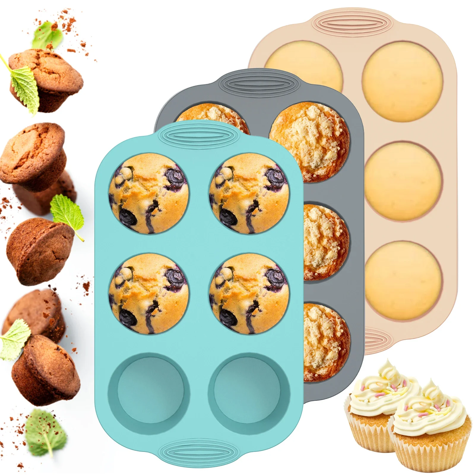 Silikon-Muffin-Pfanne für 6 Tassen, Backblech mit 6 Mulden, antihaftbeschichtet, Muffin-Kuchenform, temperaturbeständig, für Cupcakes, Kekse, Backwerkzeuge