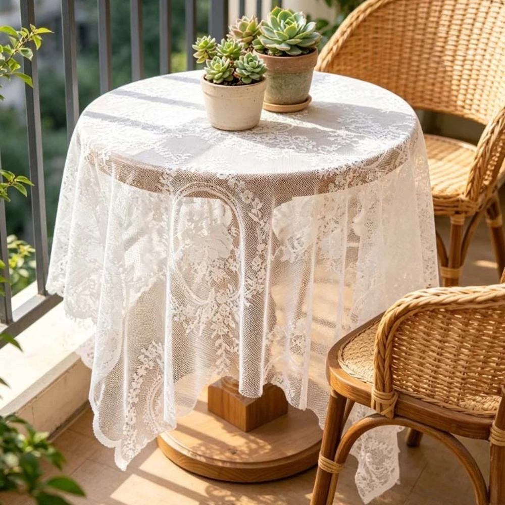 Elegant Retro French Hollow Out Lace Tablecloth Ins Sheer Floral Mesh Table Cover for Dining Table Living Room Desk Home Decor