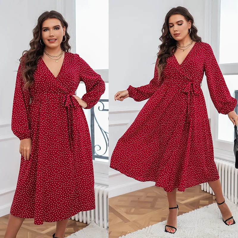 Vestido vermelho plus size de bolinhas manga comprida para mulheres verão primavera outono vestido longo clássico roupas femininas