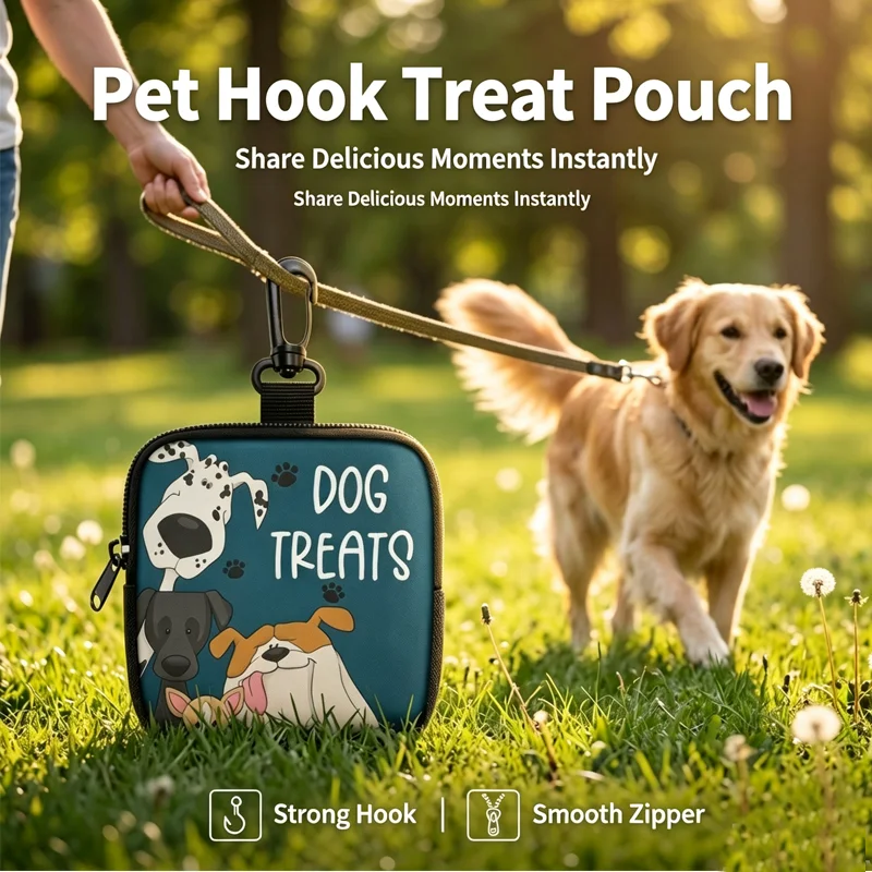 Pochette portable pour friandises de chien, sac de rangement pour collations à motif de chiot avec mousqueton et fermeture éclair, porte-aliments pour animaux de compagnie, idéal pour les promenades et l'entraînement en extérieur.