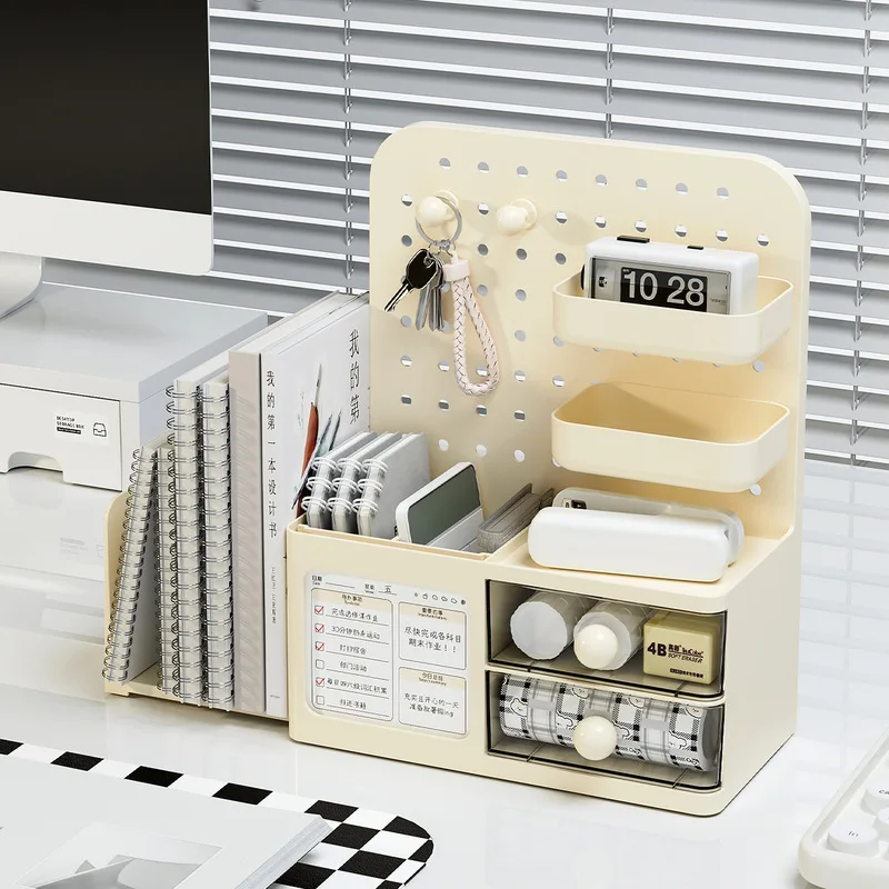 Desktop-Pegboard-Aufbewahrungsorganisator mit Schubladen, Stifthalter, Buchständer, Haken für Büro, Schreibtisch, Schlafsaal, Schreibwaren, kleine Gegenstände