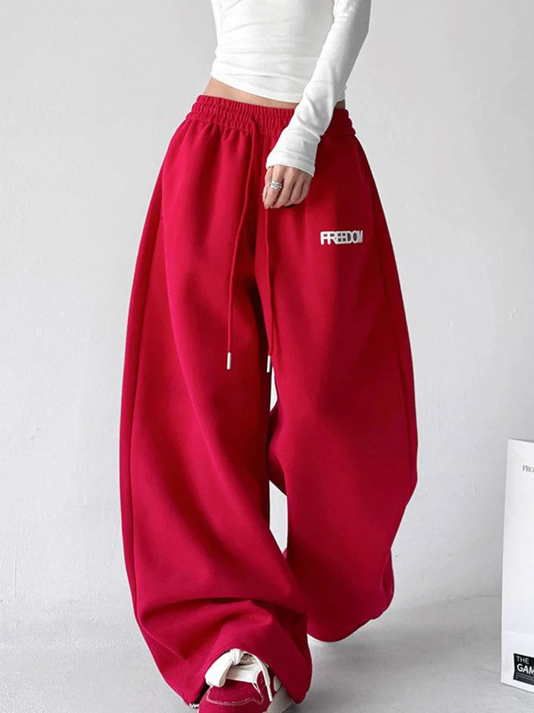 Streetwear Rote Jogginghose für Damen mit Hoher Taille Y2K Vintage Buchstabenmuster Lose Hose Amerikanischer Hip-Hop Harajuku Frühling Bf Retro Hosen Neu