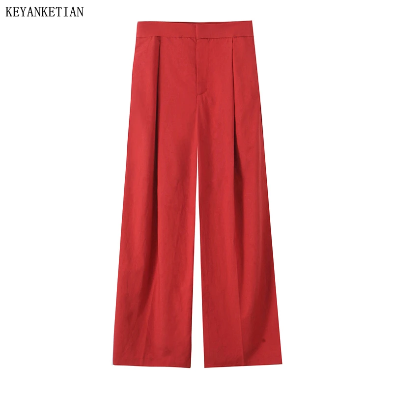 

KEYANKETIAN 2025 Spring New Women's Pleated Decoration Wide leg Pants Street style Zipper High Waist Loose Casual Long Trousers