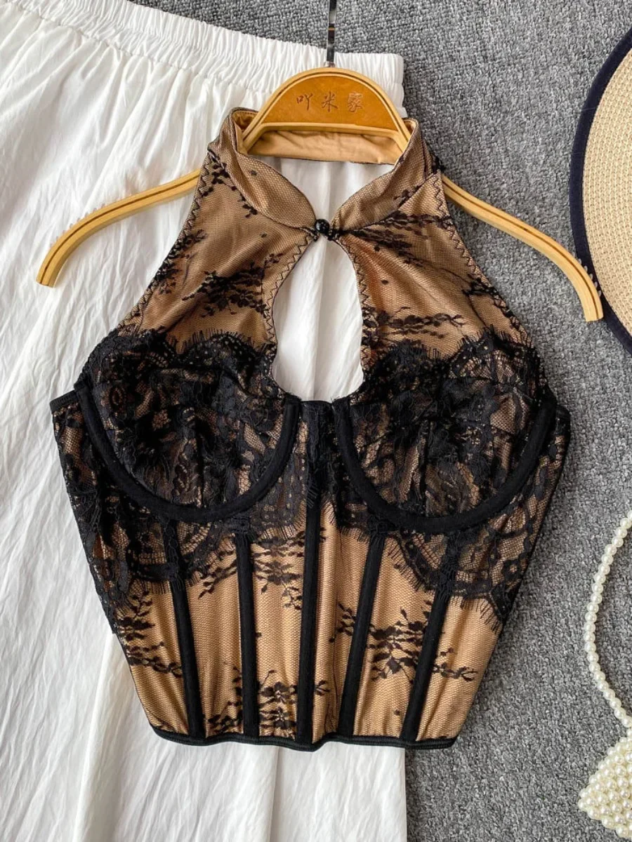 

Foamlina Hollow Stand Collar Vest Women's Summer European Retro Sexy Backless Slim Fishbone Corset Camisole Fashion Top