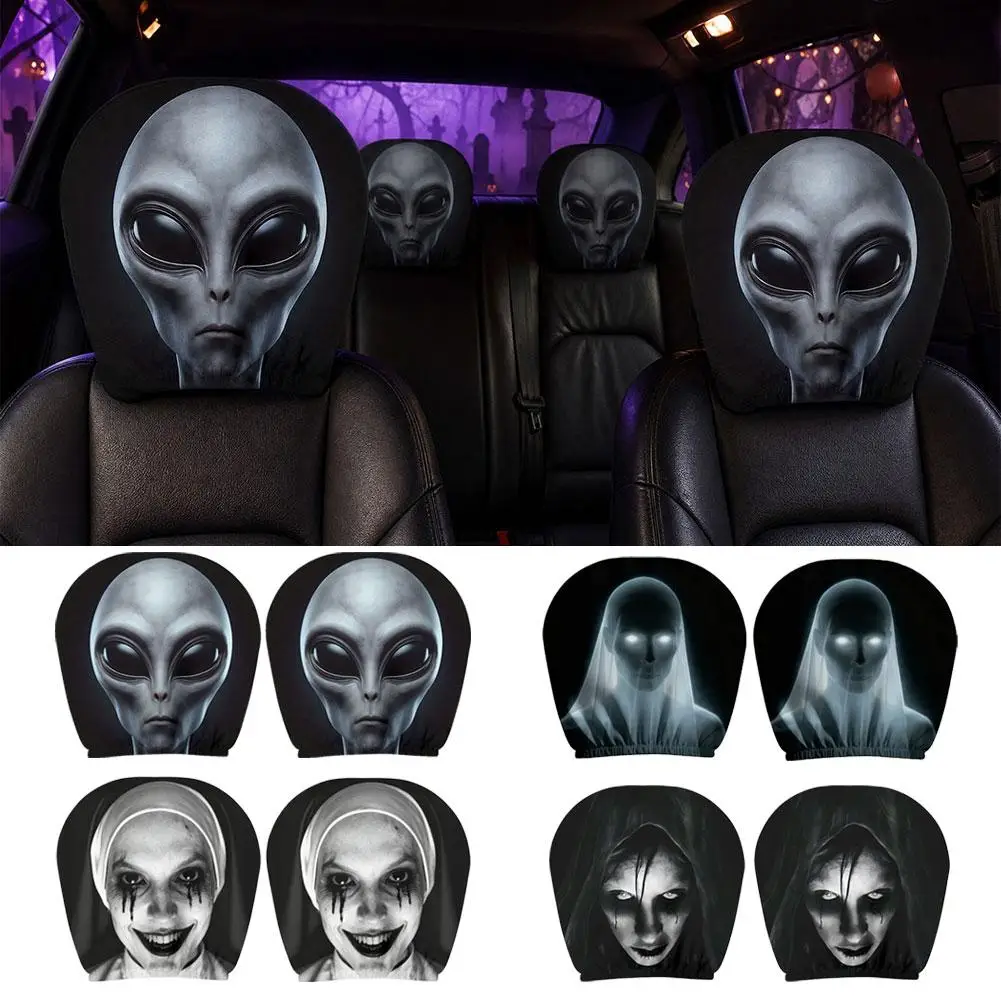2PCS Halloween Universal Horror Face Spooky Black Tear Car Headrest Covers Ghost Alien Nun Scary Face Print Car Interior Decor