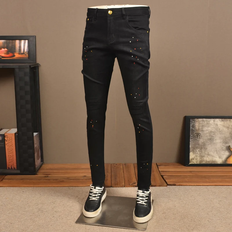 Streetwear Fashion Men Jeans Retro Blue Elastic Skinny Fit Ripped Jeans Men Painted Designer Trousers Vintage Denim Pants Hombre