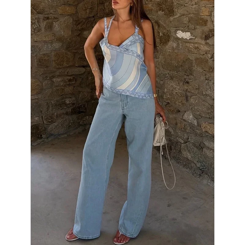 Summer Fashion Beach Tourism Geometric Print Asymmetrical Tops Women's Sexy Strapless Spaghetti Strap High Waist Slim Top