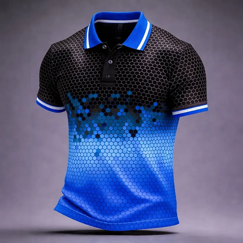 Men's Geometric 3D Print Polo Shirts Short Sleeve Lapel Button Casual Athleisure Daily Wear Spring & Summer Blue Red Green