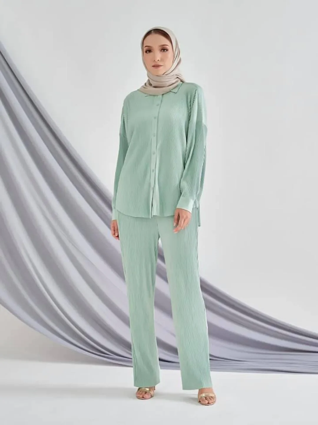 Malesia Plain Musulmano Donna Manica lunga Top Camicetta Pantaloni Islam Abaya Dubai Ramadan Abiti arabi Set da 2 pezzi Abito caftano modesto