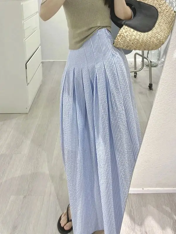 Wedbleser Fashion Blue Striped A-line Midi Skirt Women Summer Pear Shaped Figure High Waist Hip Covering Pleated Midi Skirts