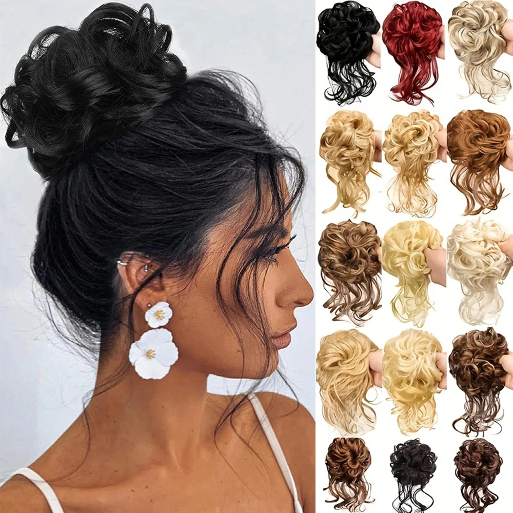 Extensiones de moño de pelo sintético para mujer, Scrunchies de Pelo elástico rizado desordenado, moño sintético, Donut Updo, piezas de cabello