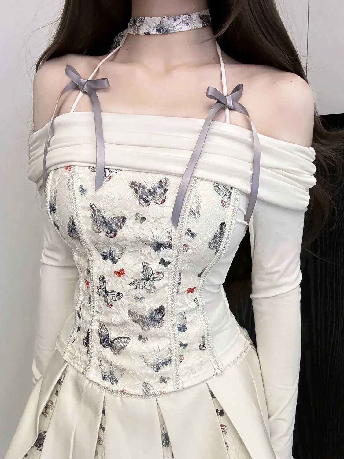 

Korea Style Lace Splicing Spring Waltz Pure Desire Shoulder Chinese Style 2025 Spring New Fashion Top Suspenders Women Clothing