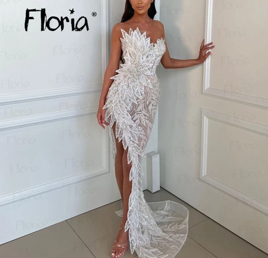 Couture Handmade 3D Leaf Party Dress Sparkle Dubai Side Slit Prom Gowns  Vestidos De Fiesta Wedding Night Gowns Birthday Wear