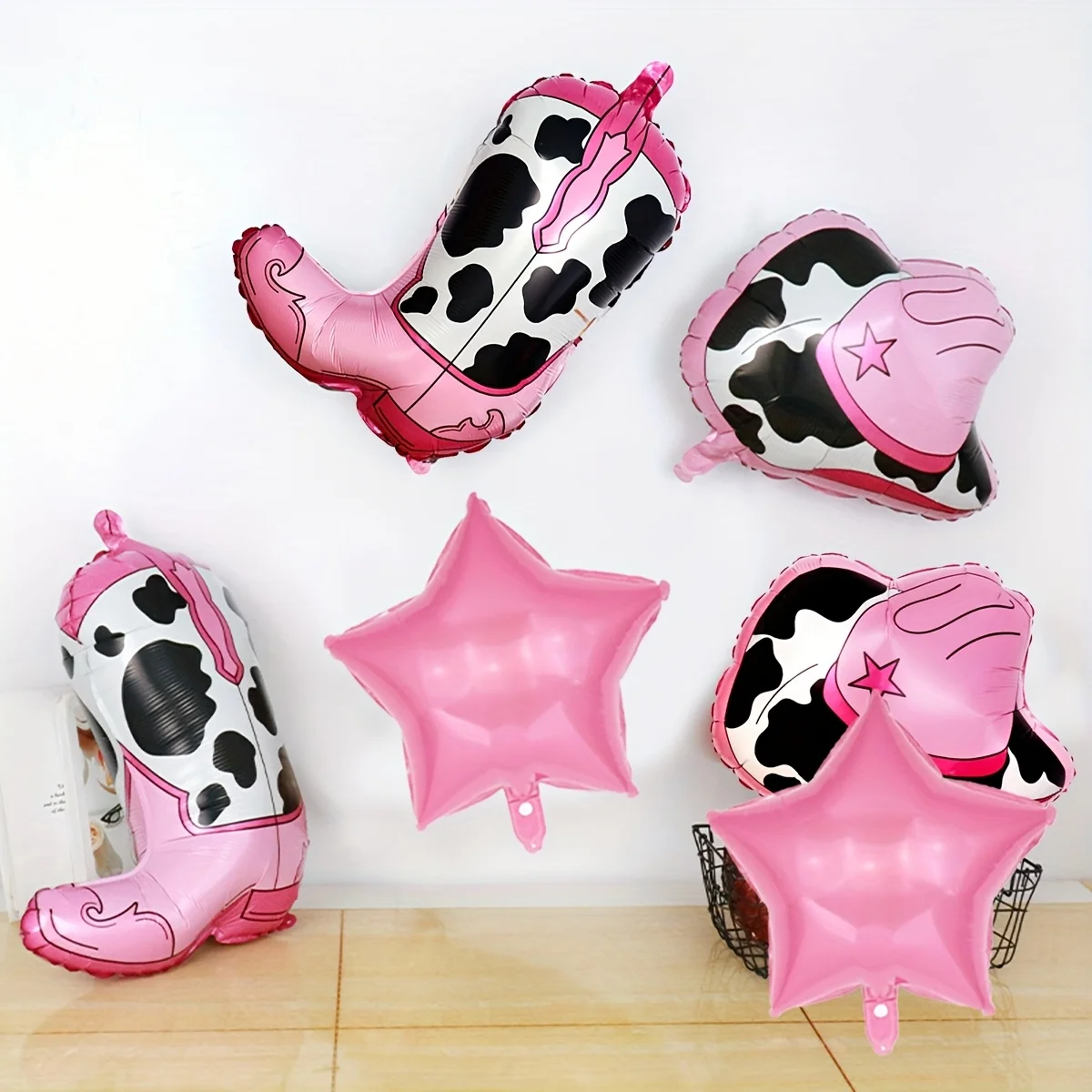 6 Stück rosa Western-Cowboy-Mottoparty-Luftballons, Cowboy-Hüte, Stiefel, Sterne, Ballon-Set, Geburtstagsparty-Dekorationen, festliche Foto-Requisiten