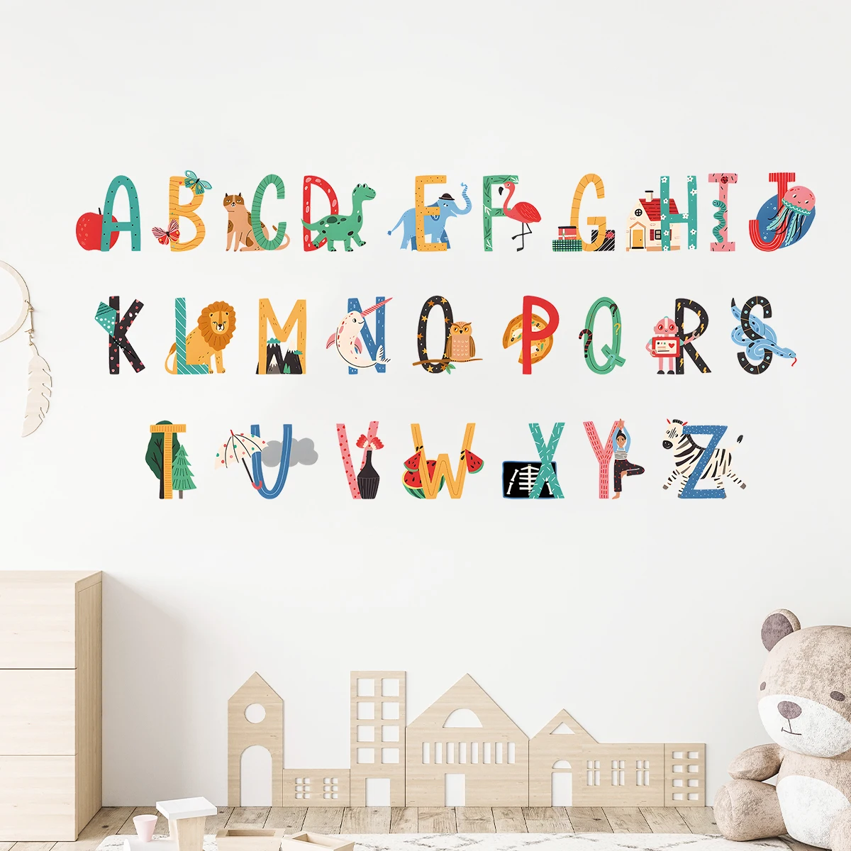 Cartoon Animal 26 Letter Kids Learning English Education Wall Stickers For Bedroom Living Room Nursery Decoration Wall Decals