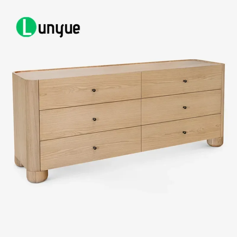 Solid Wood Six Drawer Cabinet Rounded Corner Large Capacity Storage Chest For Bedroom Furniture Home Organization