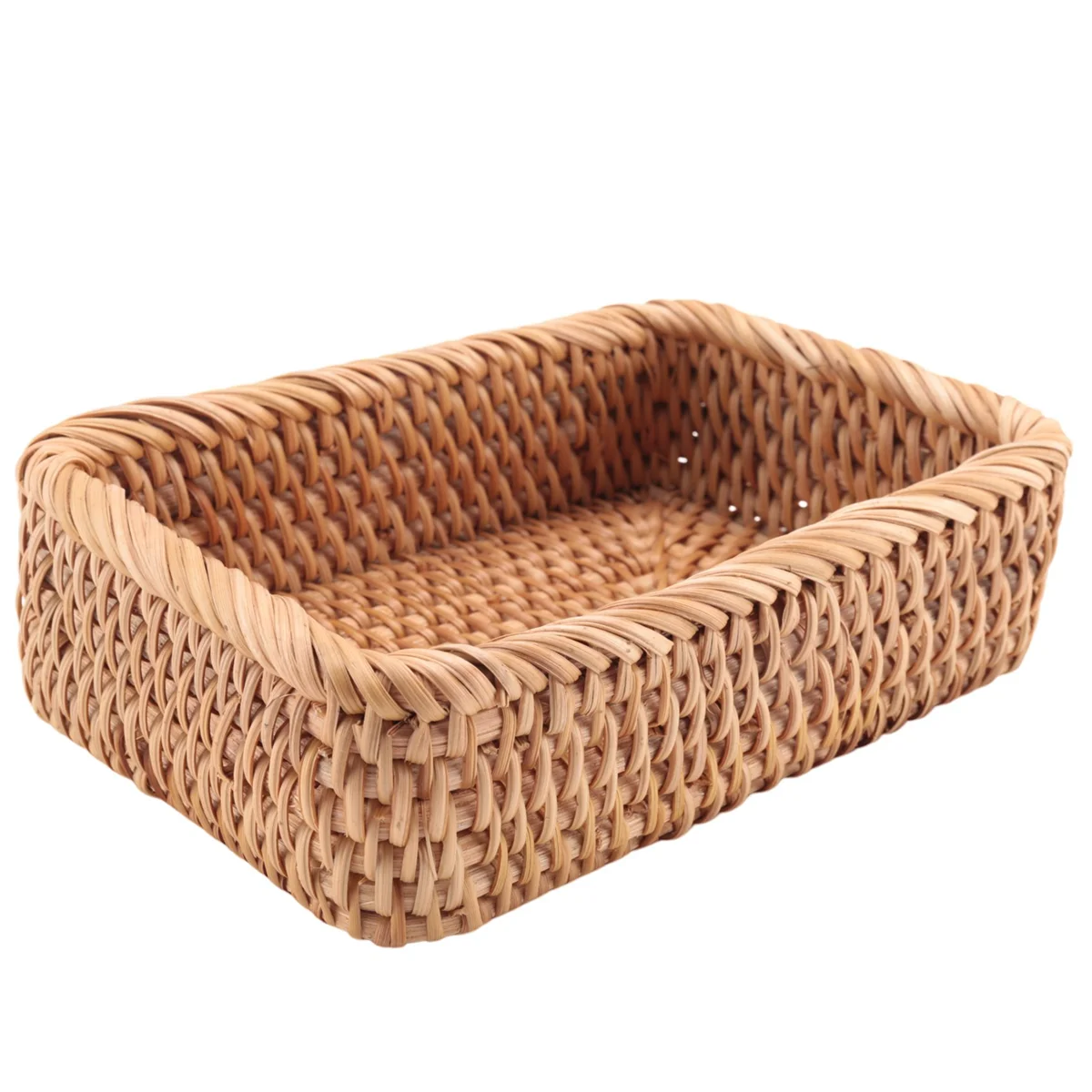 Hand-Woven Rectangular Rattan Wicker Basket Fruit Tea Snack Bread Picnic Cosmetic Storage Box Kitchen Household Tools-S