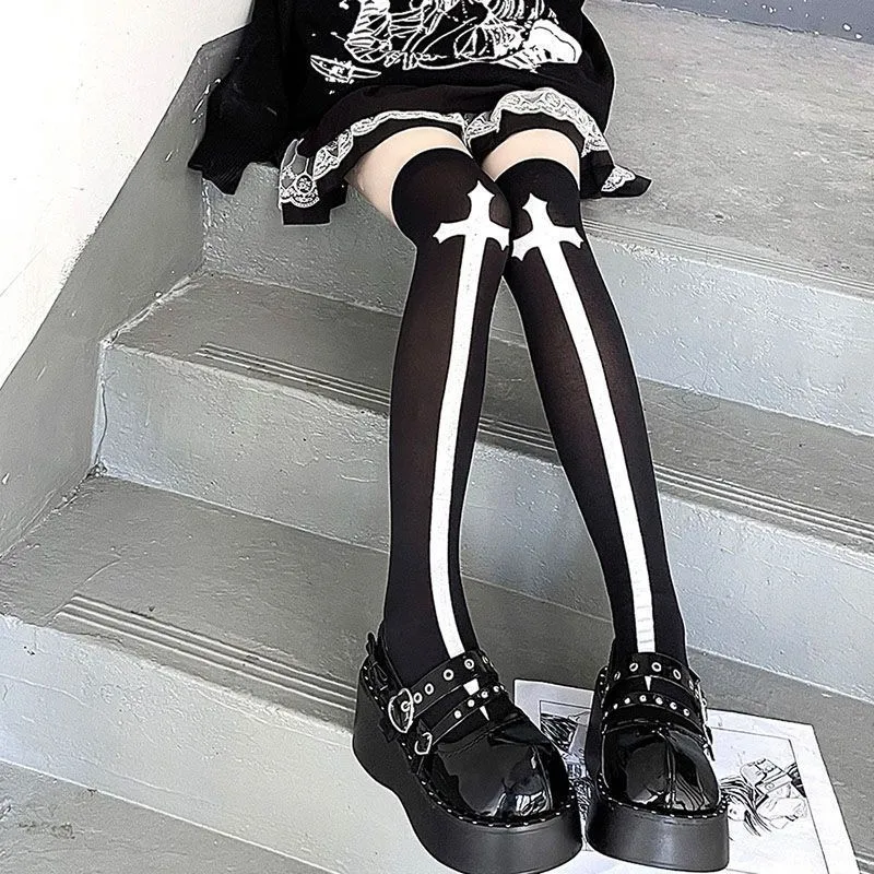 Japanese Harajuku Long Socks Festival Party Cross Cosplay Black Stockings Dark Gothic Y2K Knee Thigh Socks for Women's Skirts image 4