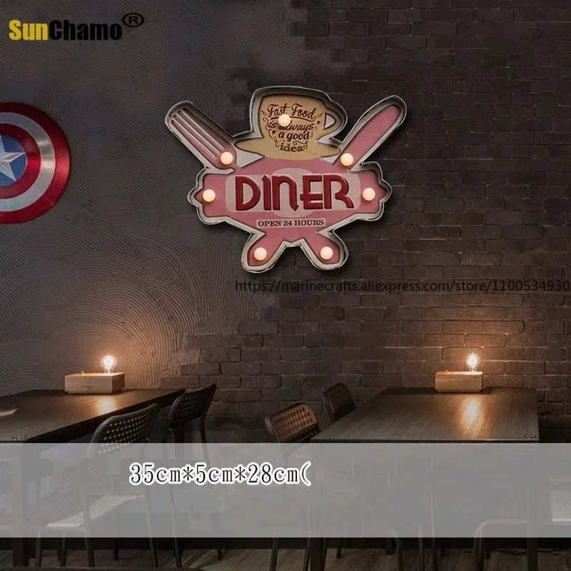 

Vintage Iron Mural LED Lamp Wall Decoration American Loft Retro Style Cafe Bar Tin Painting Night Light Hanging Home Furnishing