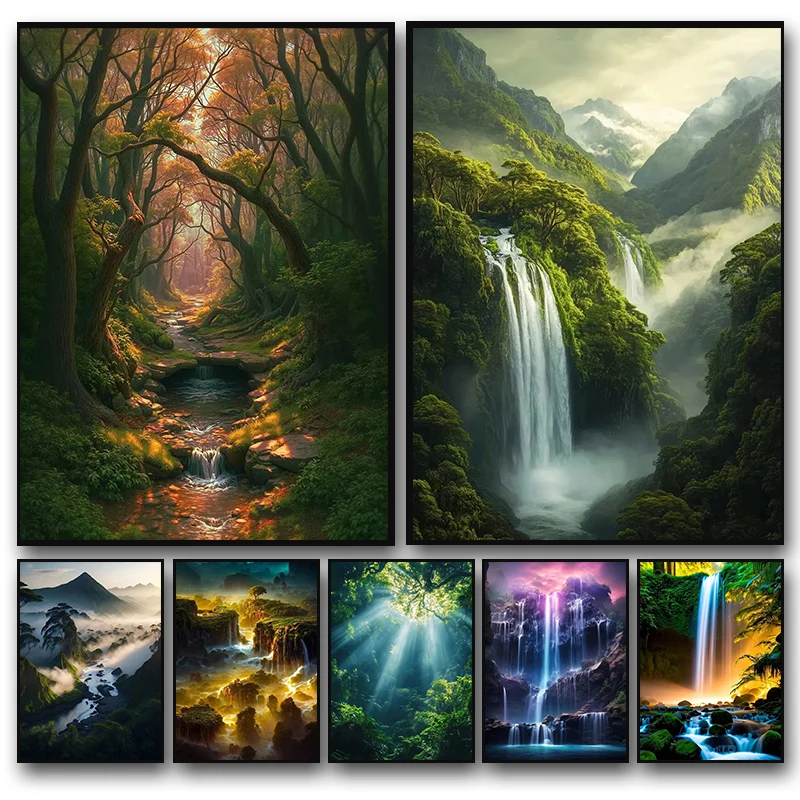 1pc frameless canvas painting Natural Landscape Waterfall Sp