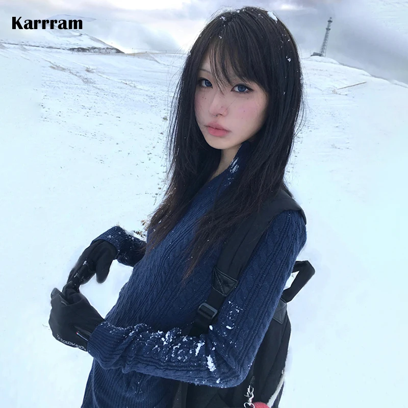Karrram Japanese Y2k Slim Pullover Vintage Harajuku Navy Blue Sweater 2000s Style Knitted Tops Korean Fashion Knitwear Elegant