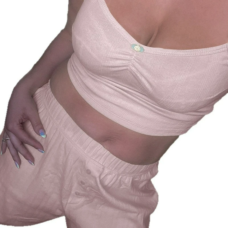 European and American Summer New Knitted Lace Splicing Suspender Shorts Set Pajamas Women's Loungewear Comfortable Skin-friendly