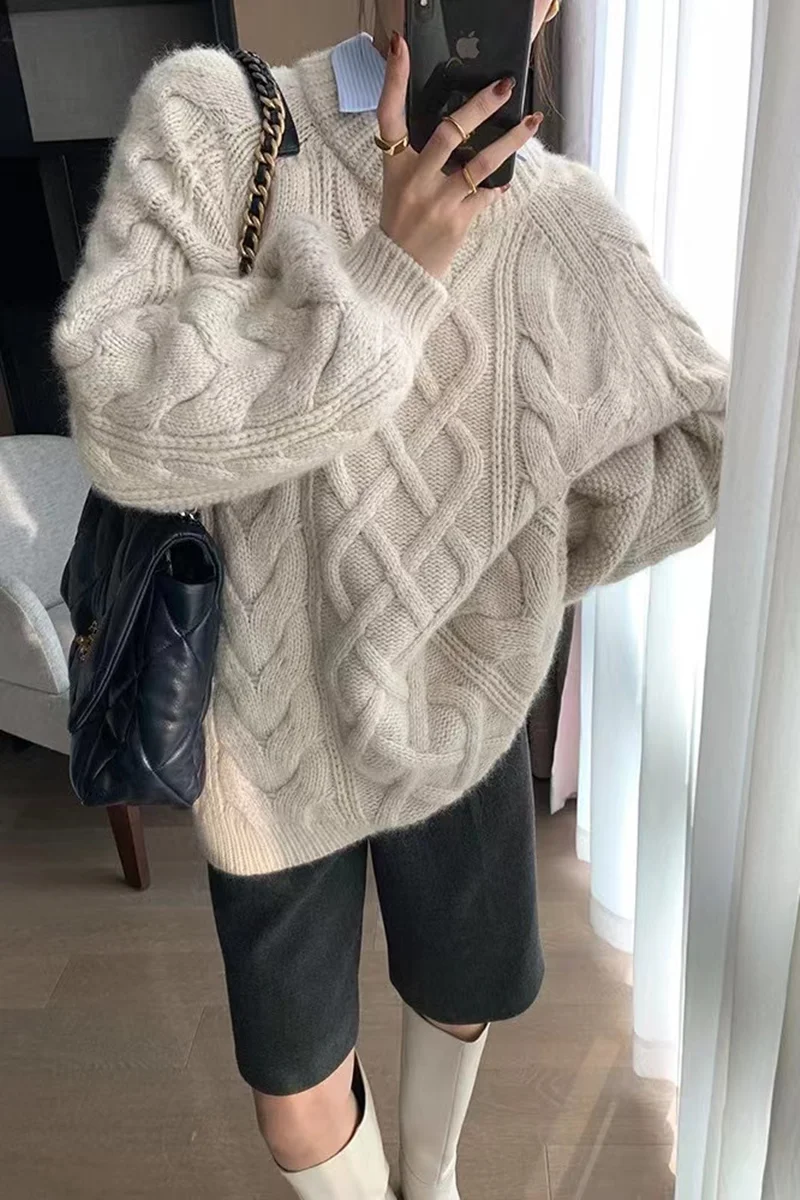 version of loose languid lazy wind twisted flower thickened woolen knit woman autumn winter round neck long pullover sweater