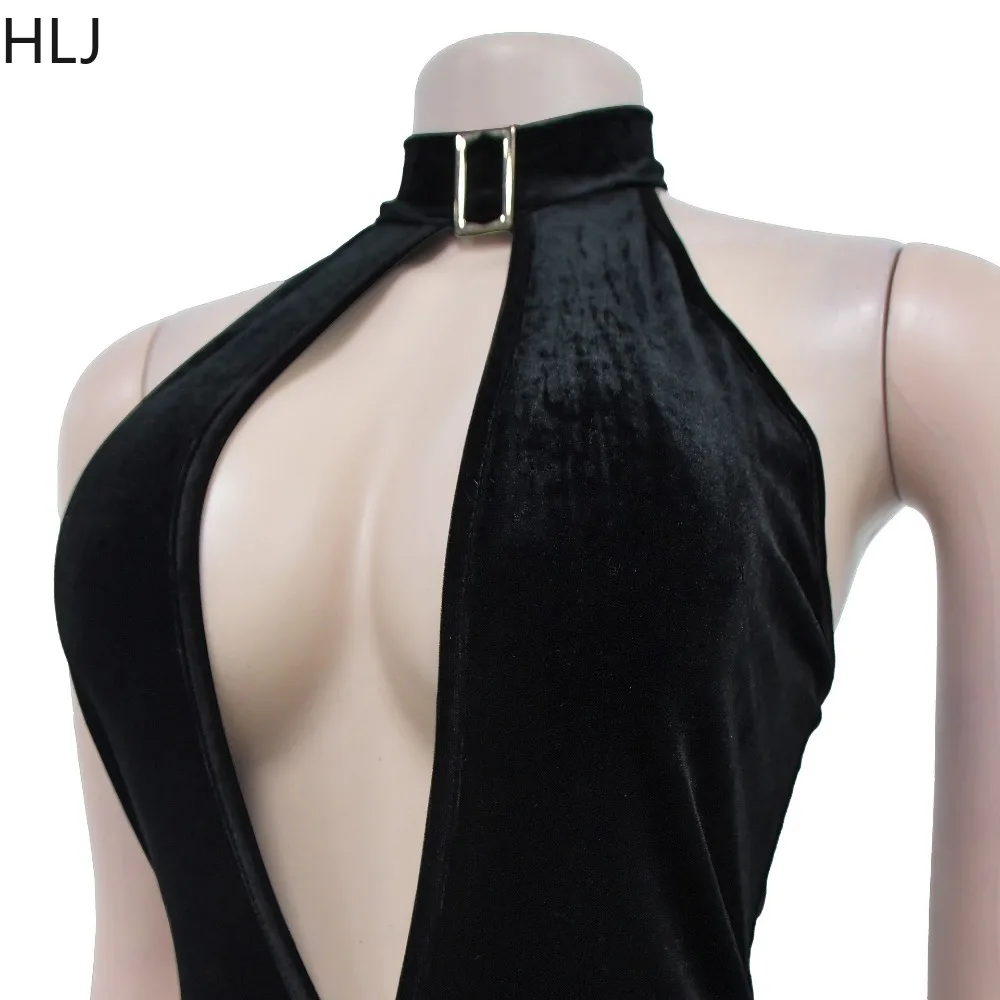 HLJ Retro Velvet Hollow Halter One Pieces Jumpsuits Women Backless Lace Up Wide Leg Overalls Elegant Lady Party Club Playsuits