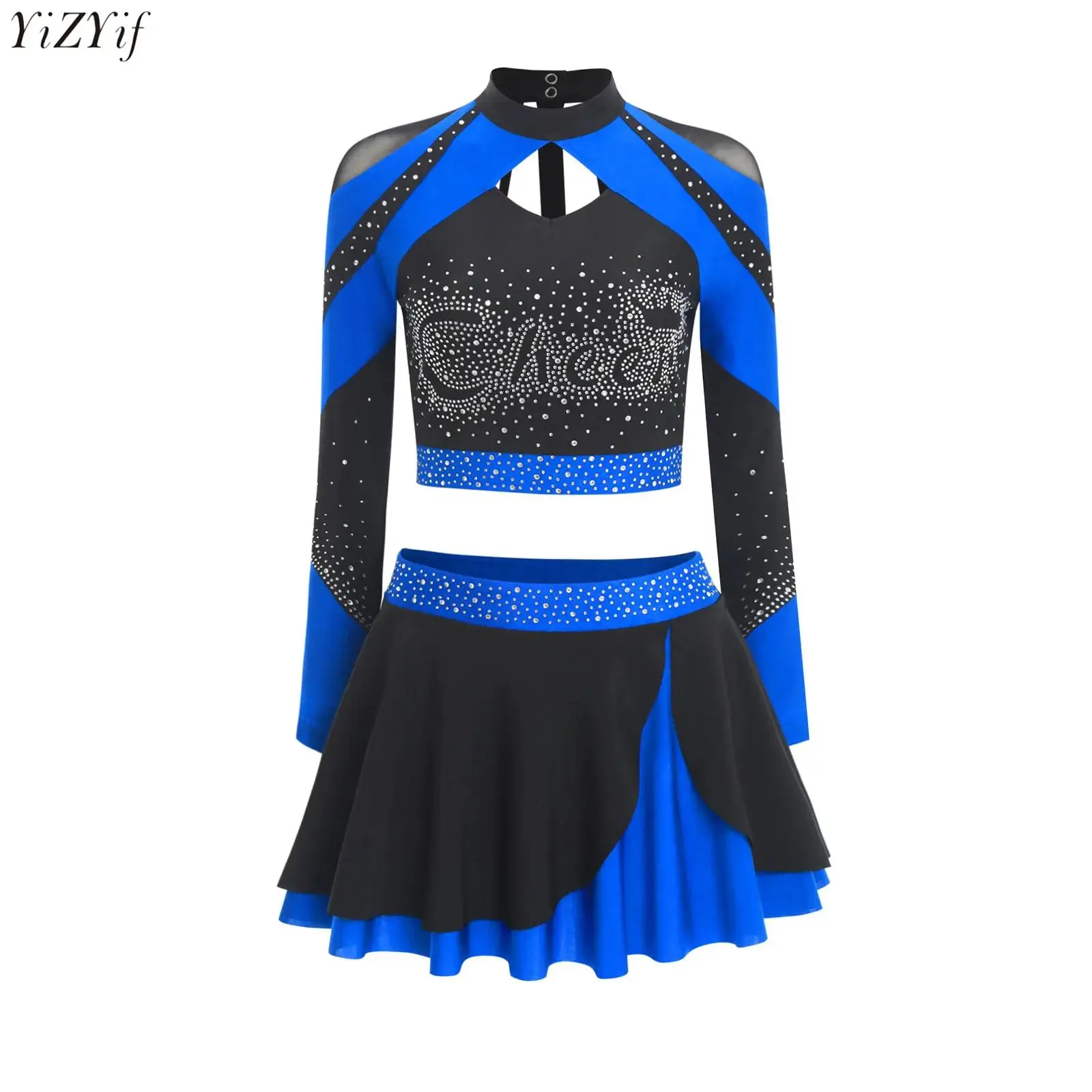 

Women Shiny Rhinestones Cheerleading Dance Costumes Long Sleeve Hollow Out Contrast Color Crop Top+Skating Skirt Uniform Outfits