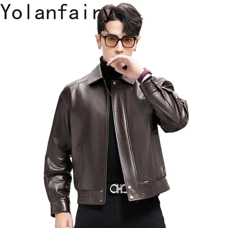 

YOLANFARIY Men Leather Jacket Oil Waxed Sheepskin Autumn Winter Mens Down Jacket Short Style Mens Clothes Doudounes Courtes