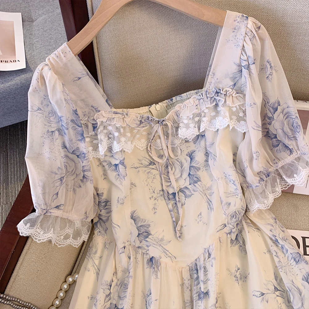 Plus size women\'s summer casual French dress Chiffon fabric comfortable breathable lace decorative printed party dress 2024 new