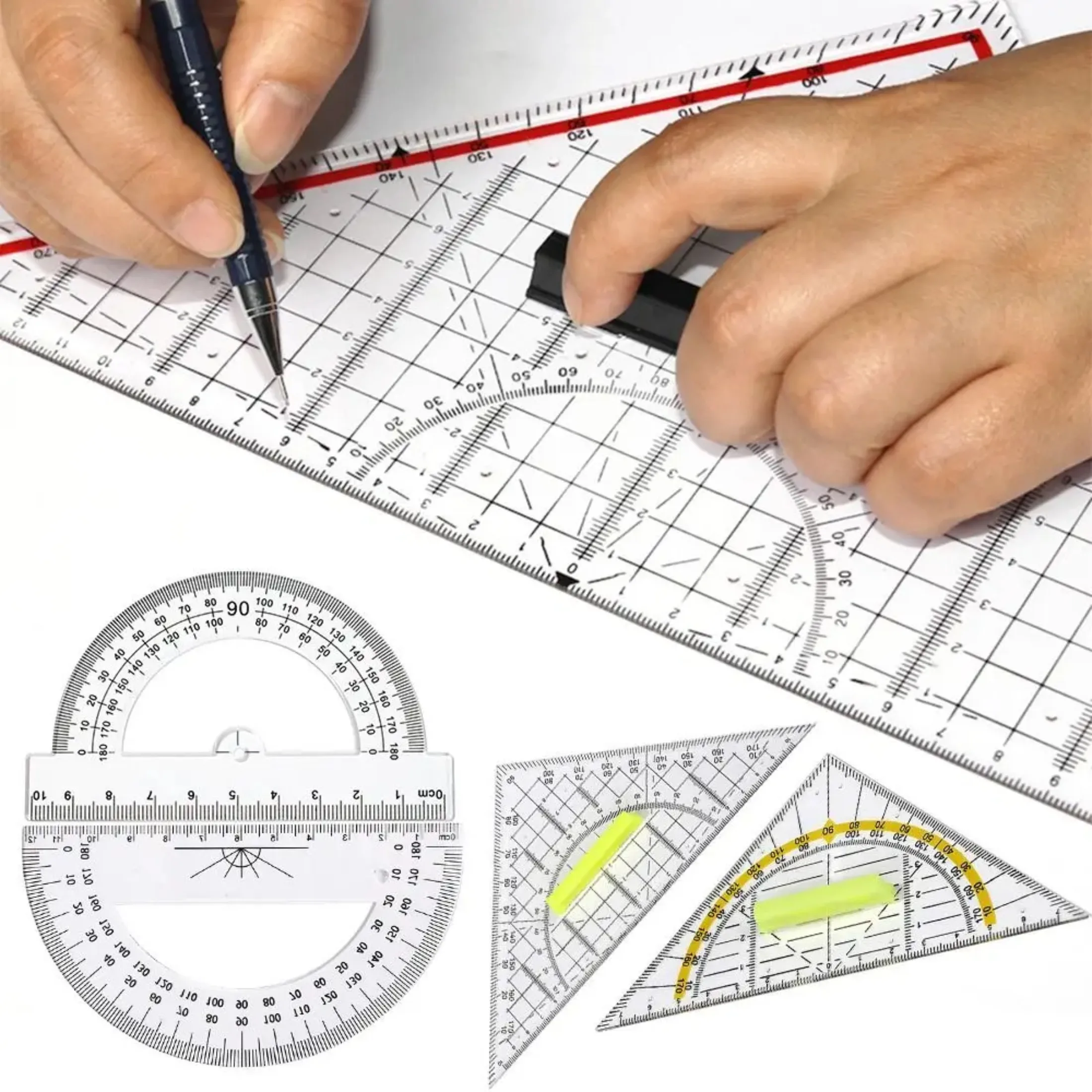 Multi-function Triangle Ruler with Handle Transparent Angle Protractor Geometry Measuring Drawing Drafting Tools School Supplies