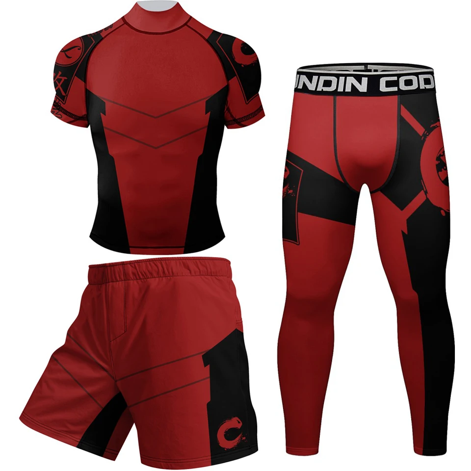New Red MMA Jiu Jitsu Rashguard T-shirt + Pants 4pcs/Sets Men Boxing Kickboxing Muay Thai MMA Shorts Bjj Gi Grappling Sportsuit