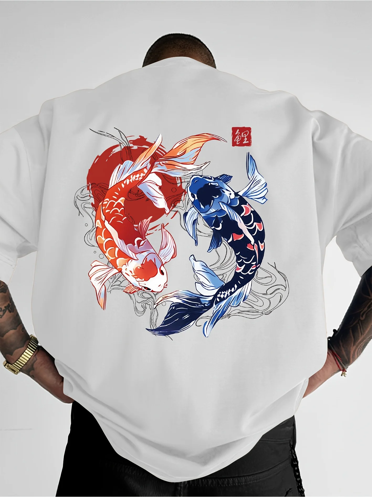 Koi Printed Pattern T-shirt Men's Loose and Comfortable Pure Cotton Round Neck Short Sleeve Fashion Casual Trend Men's Clothing