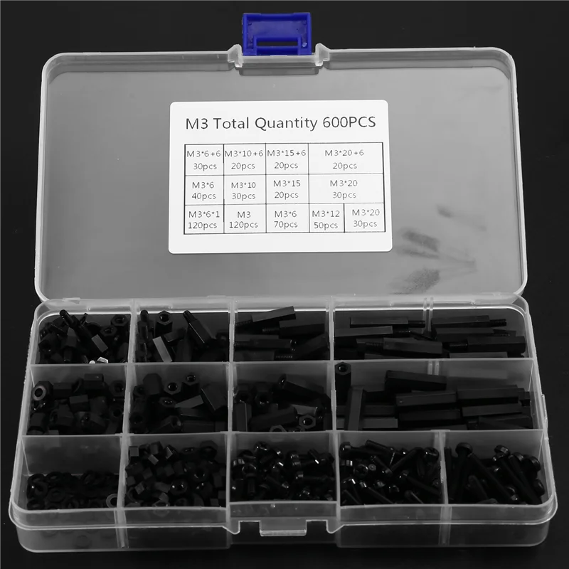 VEHO-Set completo di distanziatori in nylon da 600 pezzi - Viti distanziatrici M3 maschio e femmina per fissaggi dei circuiti stampati;
