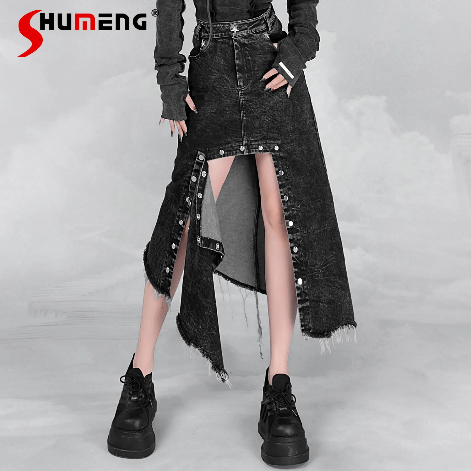 

Punk Denim Skirt Womens High Waist Slim Irregular Double-breasted Button JK Fashion Elegant Black Skirt Autumn Winter Skirts