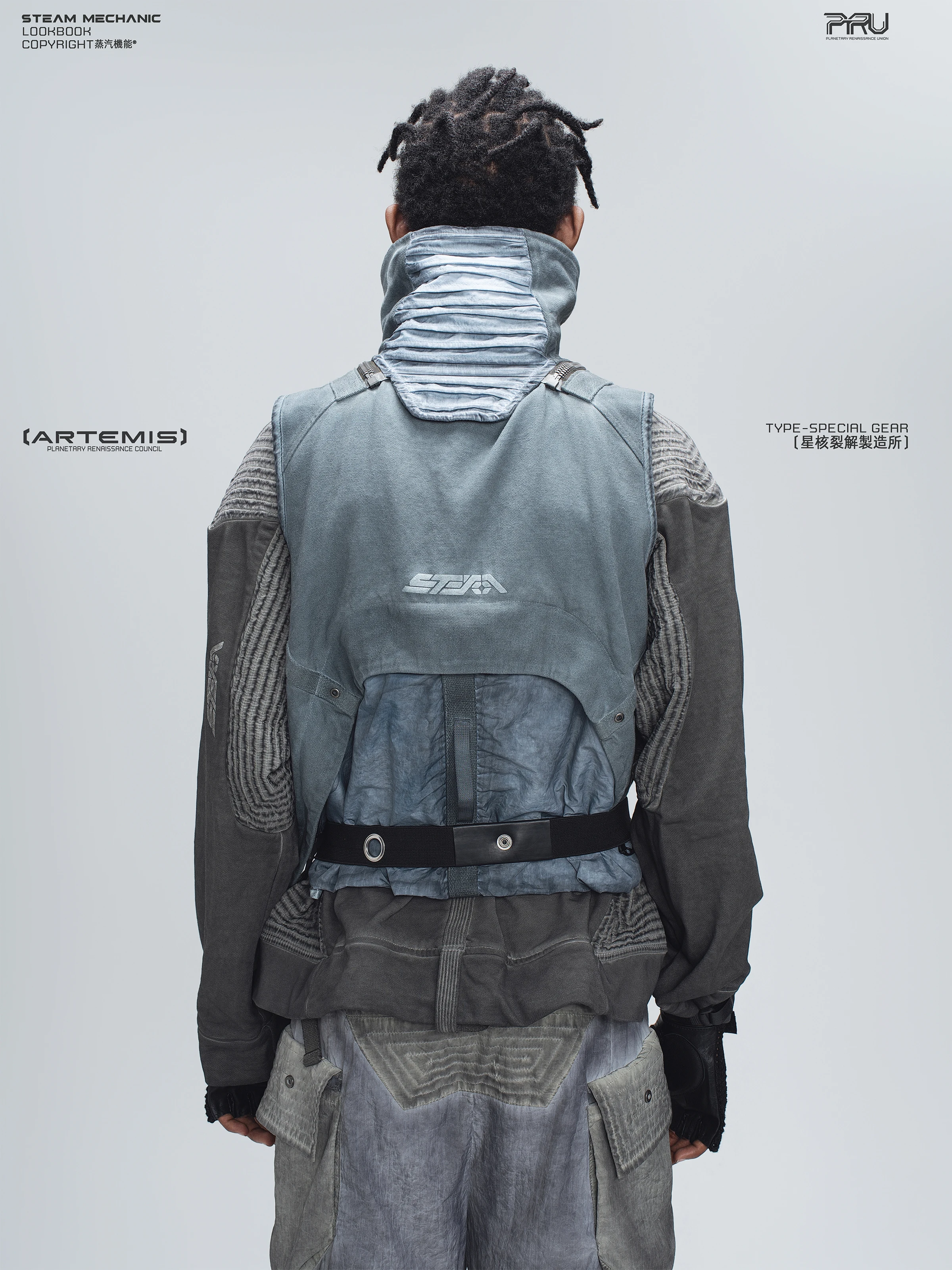 STEAM 25AW Water-washed distre Techwear Workwear-inspired wasteland style sleeveless vest asymmetrical 3D pockets detachable
