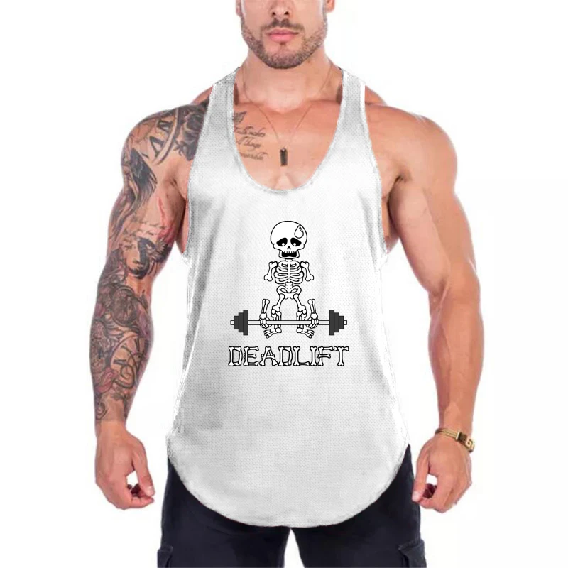 Human Skeleton Deadlift Barbell Gym Vests Mesh Breathable Quick Dry Bodybuilding Tank Tops Mens Fitness Sport Sleeveless Shirts