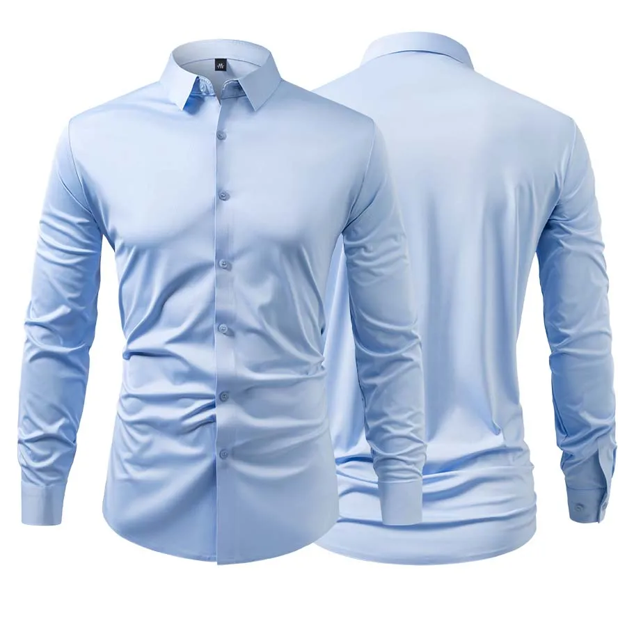 

4 Way Stretch Men's Solid Shirts Long Sleeve Business Casual Breathable Shirt Abrasion-Resistant Formal Social White Black Shirt