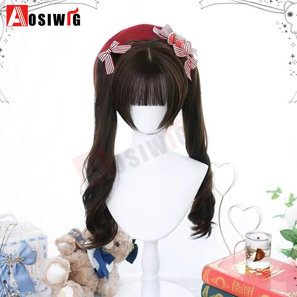 Synthetische Lolita-Perücke im Prinzessinnen-Schnitt mit doppeltem Pferdeschwanz und Pony, für Mädchen, Ombre, Blond, Braun, Weiß, Grau, Cosplay, Halloween, Harajuku-Perücke