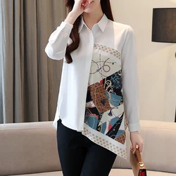 Womens Stylish Vintage Asymmetrical Design Shirt Elegant Chic Office Lady Commute Blouse Casual Print Patchwork Long Sleeve Tops