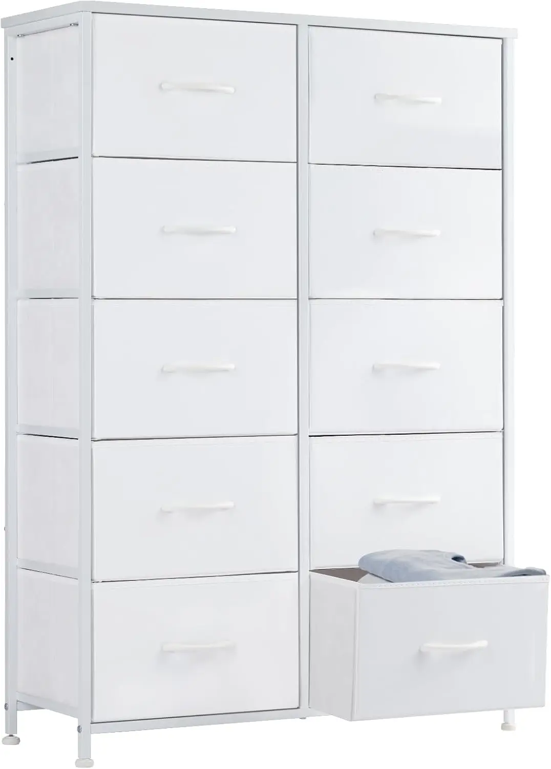 

10 Drawer Fabric Dresser Tall Chest Storage Organizer with Cabinet and Wood Top for Bedroom, Cream White