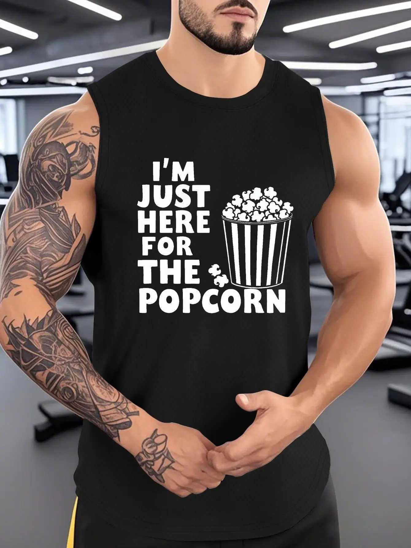 

Men's funny "I'm just here for the popcorn" sleeveless top - Lightweight fitness and casual sleeveless shirt