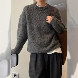 Vintage Lazy Knitted Mohair Women Round Collar Long Sleeve Knitwear Sweater New 2024 Autumn Winter Gray Knitted Loose Pullovers