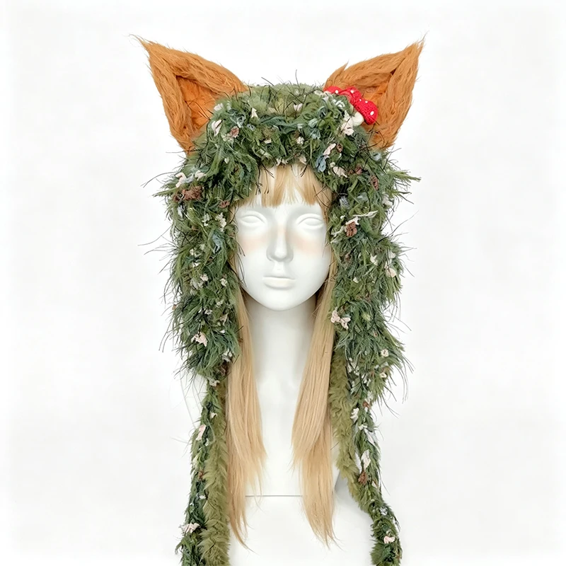 Handmade Green Orange Fox Ear Hat Women Winter Warm Custom Crochet Fuzzy Knit Mushroom Beanie Men Cosplay Wooland Party Caps