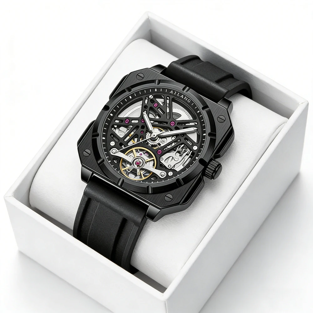 

Новые роскошные часы AILANG с турбийоном, мужские модные квадратные механические часы, мужские часы с силиконовым ремешком, водонепроницаемые, с полым циферблатом, для мужчин