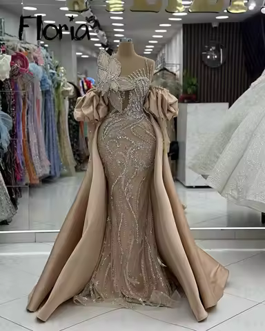Detachable Train Evening Dress Puffy Sleeve Off Shoulder Luxury Customized Bride Wedding Party Gown Stunning Crystals Prom Dress