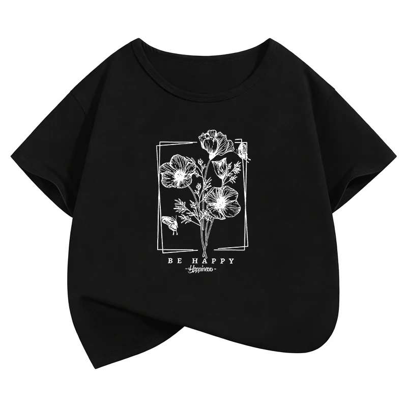 Be Happy Vintage Flower Butterfly T Shirts Gothic Kids Children's T-shirt Boys Girls Casual Top Tee Summer Spring Tops